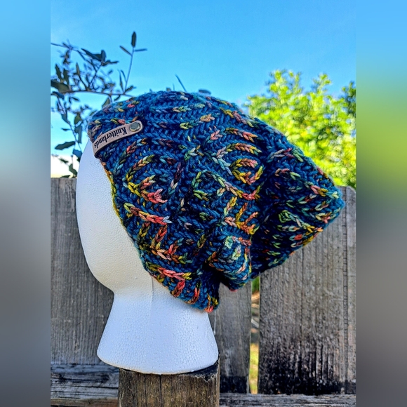 Knit Hat Warm Hand Dyed Soft Wool Green Multicolor Striped Brioche Stocking Cap - Picture 13 of 13